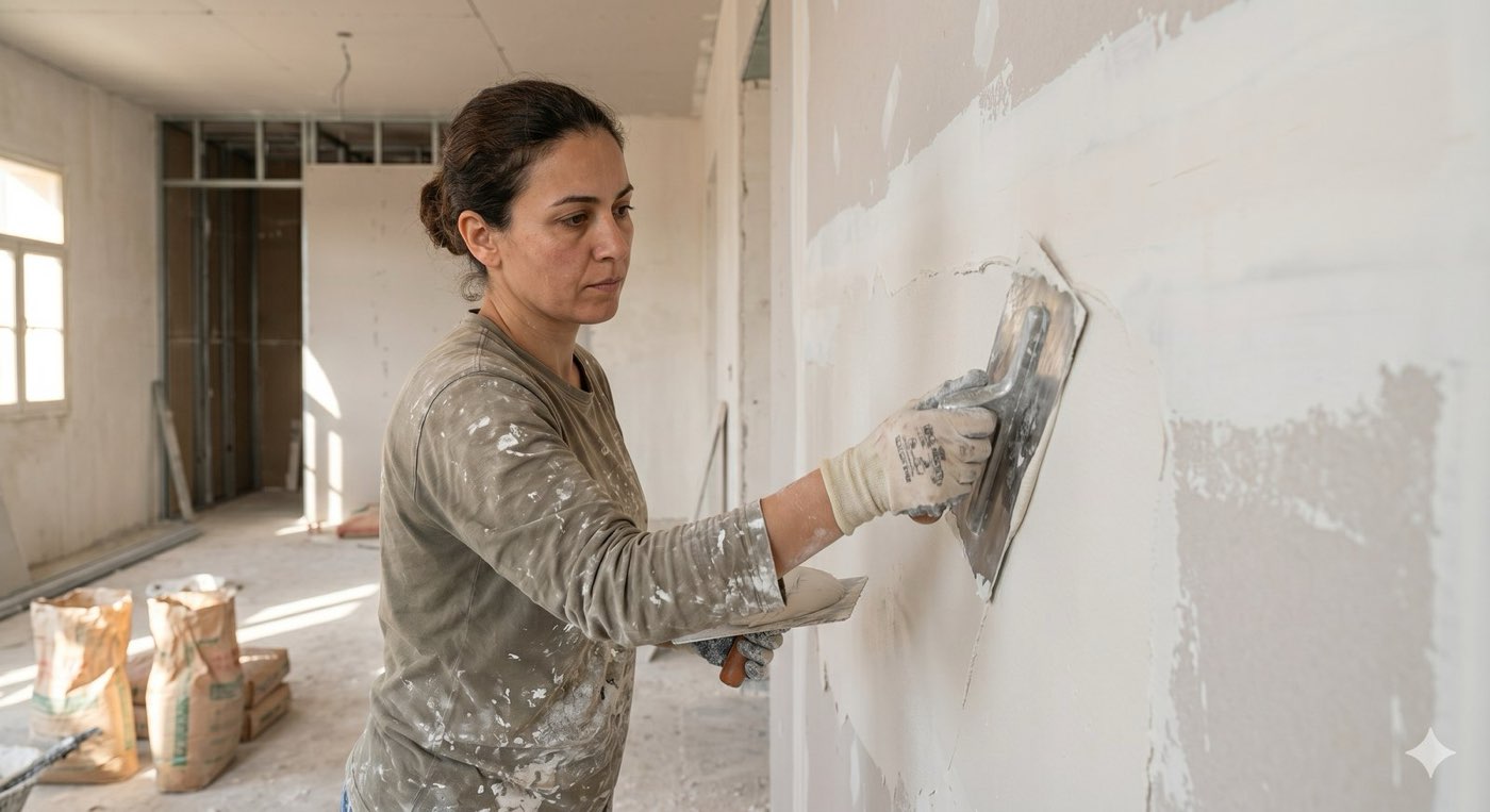 A gypsum contractor taping a plasterboard ceiling in Malta